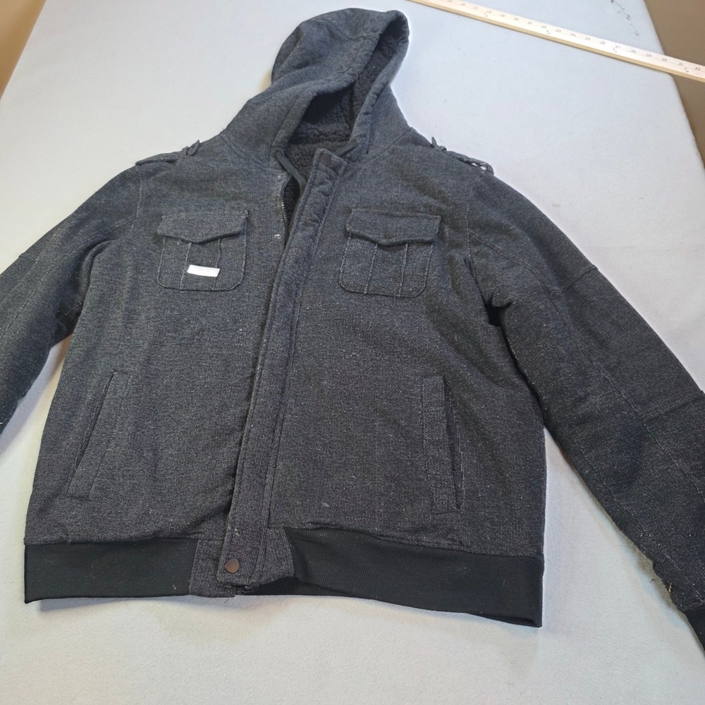 Rock & Republic Mens XL Hooded Sherpa Lined Jacket Charcoal Black Textured Zip